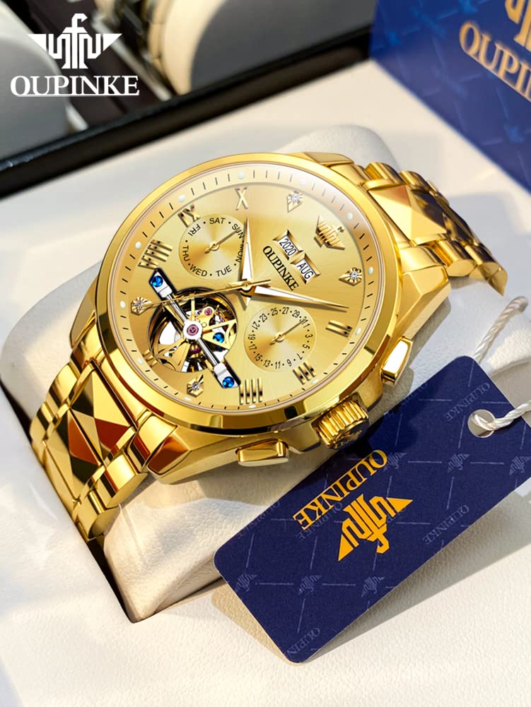 OUPINKE Gold Men Automatic Mechanical Wrist Watches Luxury Dress Tungsten Steel Luminous Waterproof Sapphire Diamond Calendar Best Gifts Men - Image 2