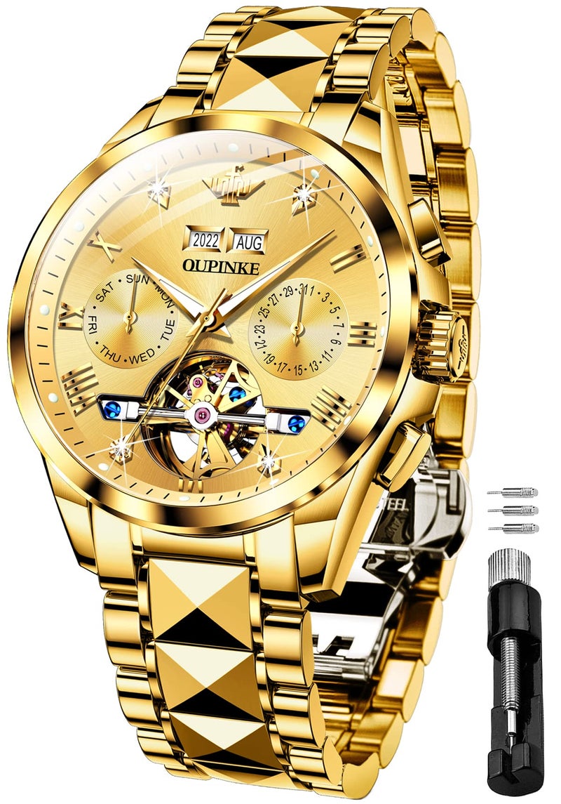 OUPINKE Gold Men Automatic Mechanical Wrist Watches Luxury Dress Tungsten Steel Luminous Waterproof Sapphire Diamond Calendar Best Gifts Men - Image 1