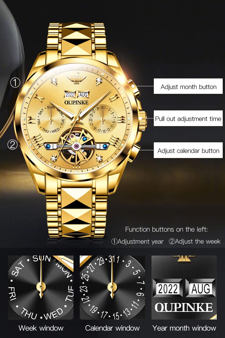 OUPINKE Gold Men Automatic Mechanical Wrist Watches Luxury Dress Tungsten Steel Luminous Waterproof Sapphire Diamond Calendar Best Gifts Men - Image 5