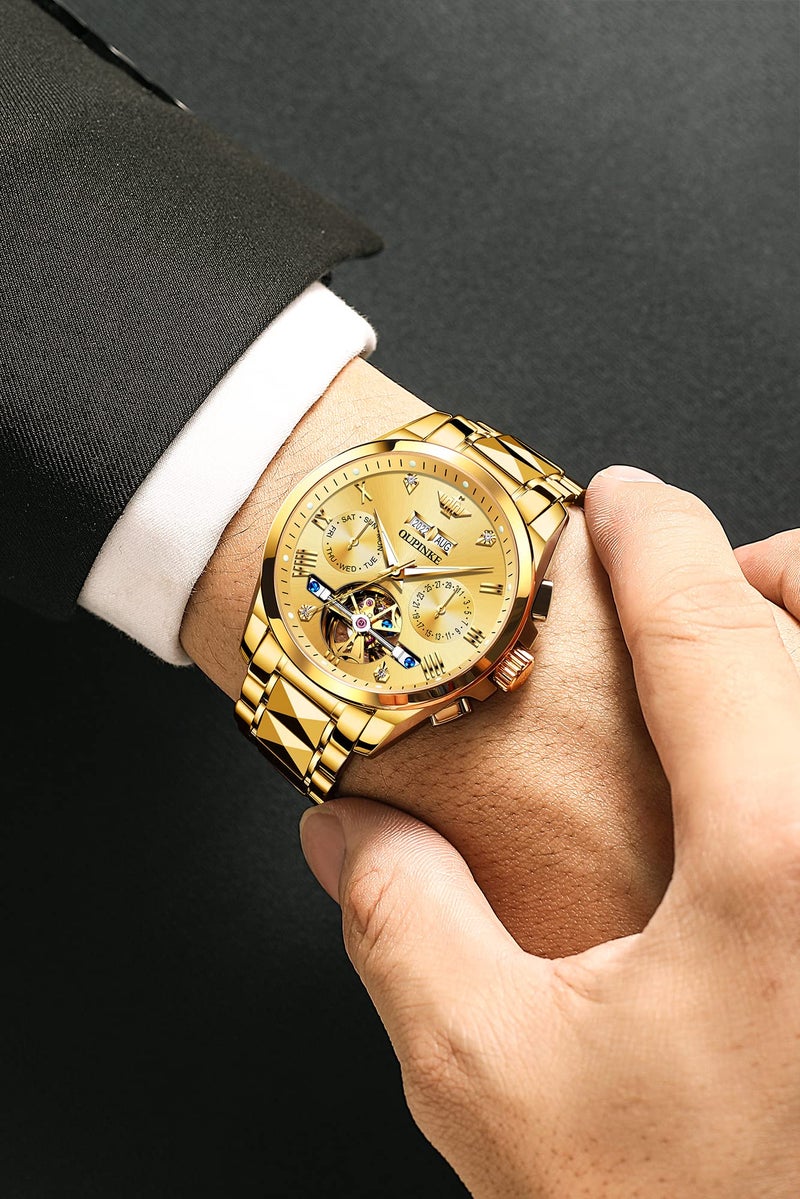 OUPINKE Gold Men Automatic Mechanical Wrist Watches Luxury Dress Tungsten Steel Luminous Waterproof Sapphire Diamond Calendar Best Gifts Men - Image 4