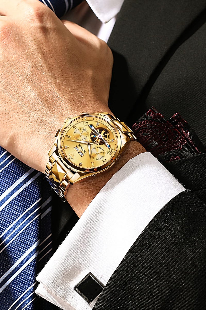 OUPINKE Gold Men Automatic Mechanical Wrist Watches Luxury Dress Tungsten Steel Luminous Waterproof Sapphire Diamond Calendar Best Gifts Men - Image 3