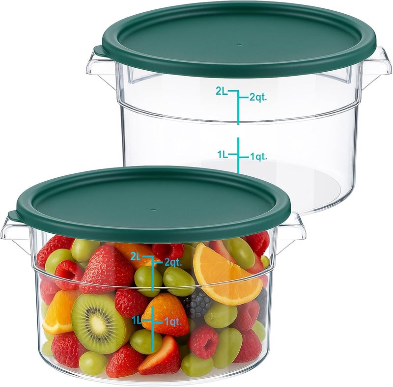 Ziliny 2 Pcs Round Food Storage Container with Lid 2 Qt Dough Bucket Clear Translucent Containers with Scale (Green) - Image 1