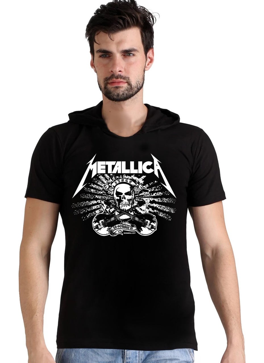 Rock&Roll Metallica Skull Black Hooded Short Sleeve Men's T-Shirt  - Image 1
