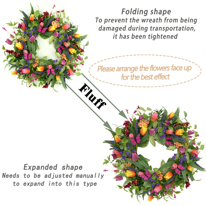 WreathDream 22 inch Spring Summer Wreath Tulip Wreath for Front Door with Purple Tassels, Eucalyptus Leaves, Ferns, Butterflies for Indoor Outdoor wall Festival Home Farmhouse Wedding Decor - Image 3