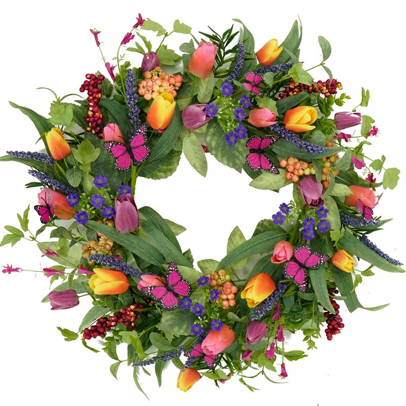 WreathDream 22 inch Spring Summer Wreath Tulip Wreath for Front Door with Purple Tassels, Eucalyptus Leaves, Ferns, Butterflies for Indoor Outdoor wall Festival Home Farmhouse Wedding Decor - Image 1