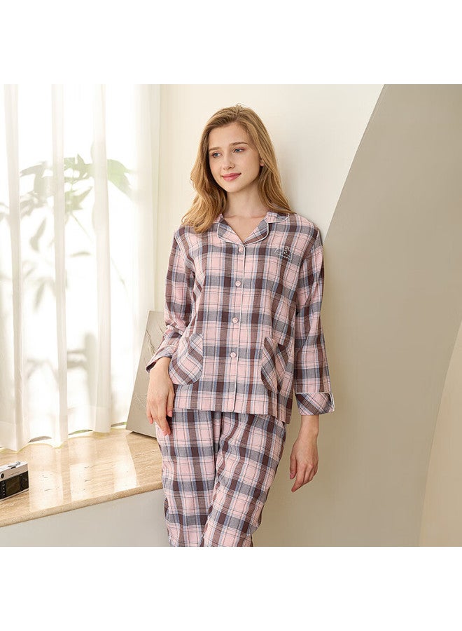 MEIBIAO American Standard New Women's 100% Cotton Long Sleeve Plaid Cardigan Homewear Pink M - Image 1
