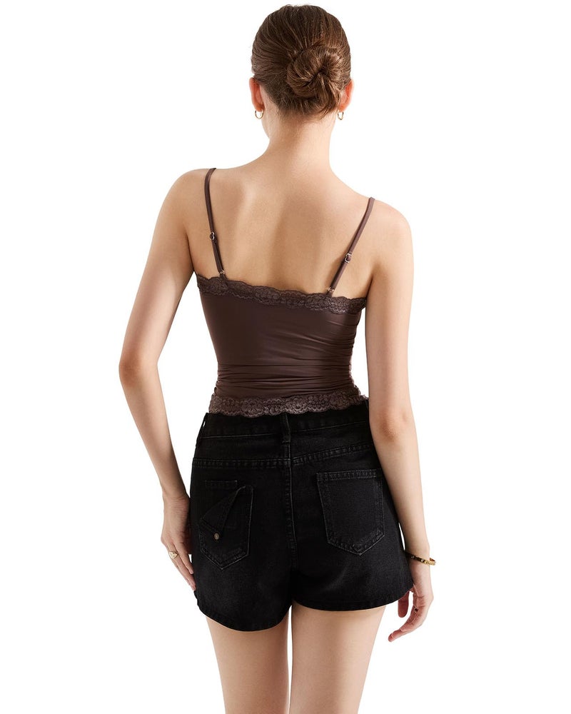 SUUKSESS Women Lace Double Lined Sexy Camisole Tops Spaghetti Strap Y2k Going Out Tank Tops (Brown, S) - Image 3