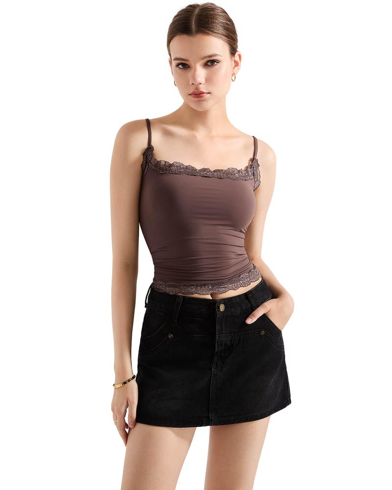 SUUKSESS Women Lace Double Lined Sexy Camisole Tops Spaghetti Strap Y2k Going Out Tank Tops (Brown, S) - Image 2