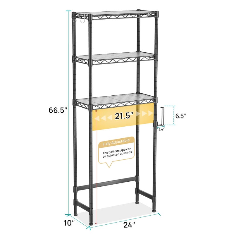 SINGAYE Over The Toilet Storage Shelfï¼š3-Tier Bathroom Organizer and Storage Shelf with Adjustable Shelf and Basket Freestanding Space Saver Above Toilet for Room Black - Image 3