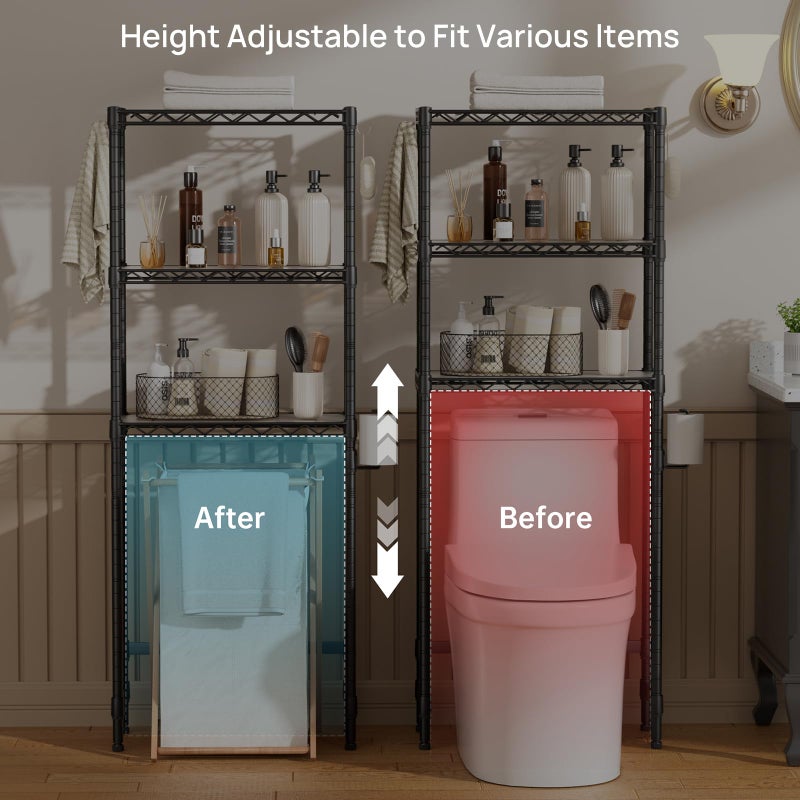 SINGAYE Over The Toilet Storage Shelfï¼š3-Tier Bathroom Organizer and Storage Shelf with Adjustable Shelf and Basket Freestanding Space Saver Above Toilet for Room Black - Image 4
