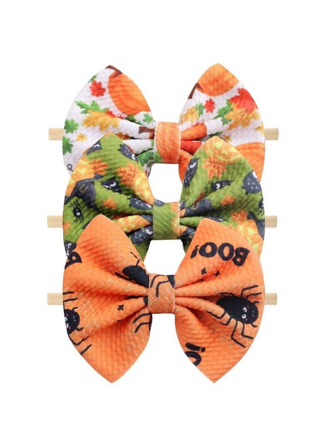 NCMAMA Halloween Baby Headband Cheer Bow, Baby Girl Orange Pumpkin Hair Bow Ghost Printed Elastic Nylon Halloween Hairbands for Baby Girls Newborn and Infant, 3 Pcs (Type A) - Image 1