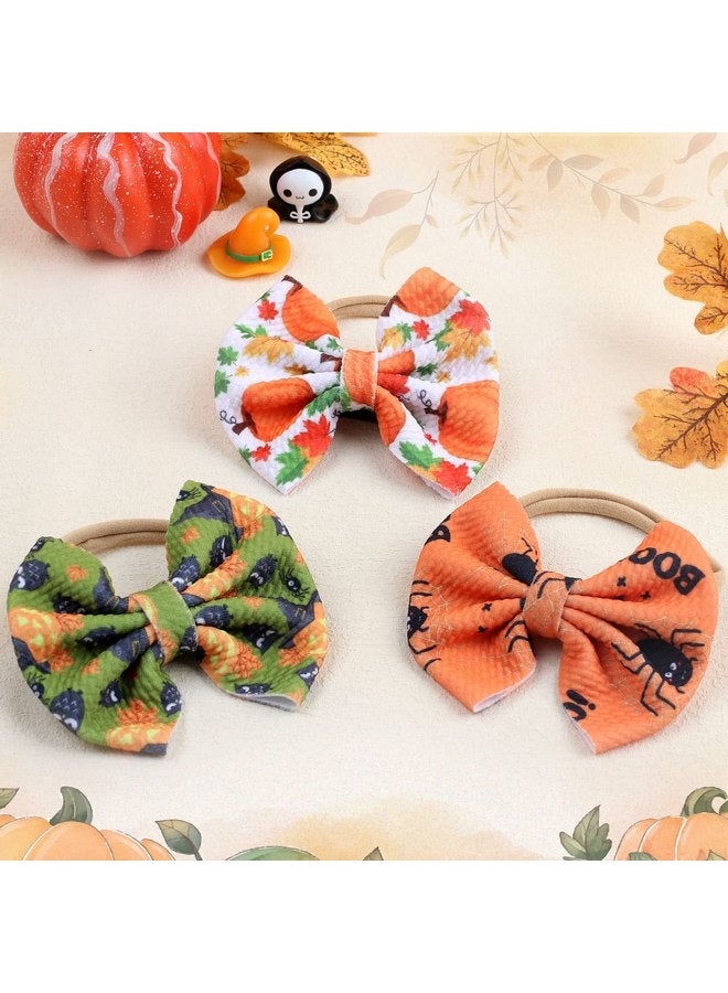 NCMAMA Halloween Baby Headband Cheer Bow, Baby Girl Orange Pumpkin Hair Bow Ghost Printed Elastic Nylon Halloween Hairbands for Baby Girls Newborn and Infant, 3 Pcs (Type A) - Image 4