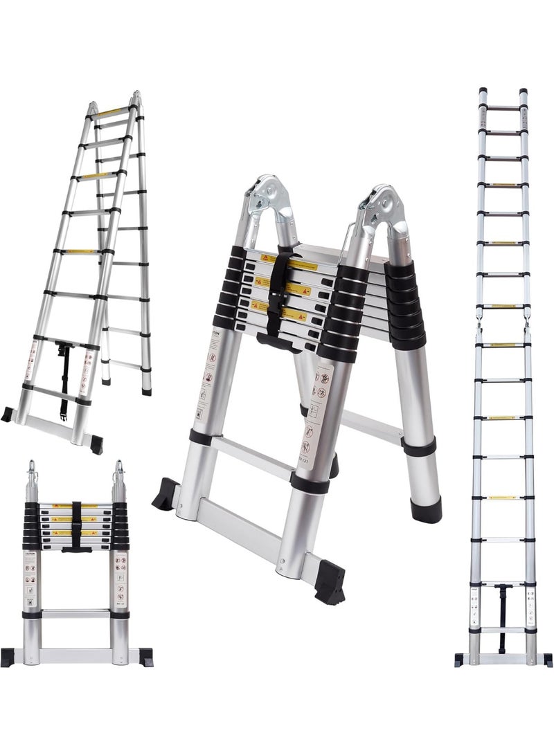 سلم تلسكوبي بطول 3.8 متر (1.9م + 1.9م) من الألمنيوم، سلم متعدد الاستخدامات بشكل A قابل للتمديد مع قضيب توازن وأقدام مانعة للانزلاق للاستخدام الداخلي والخارجي - Image 1