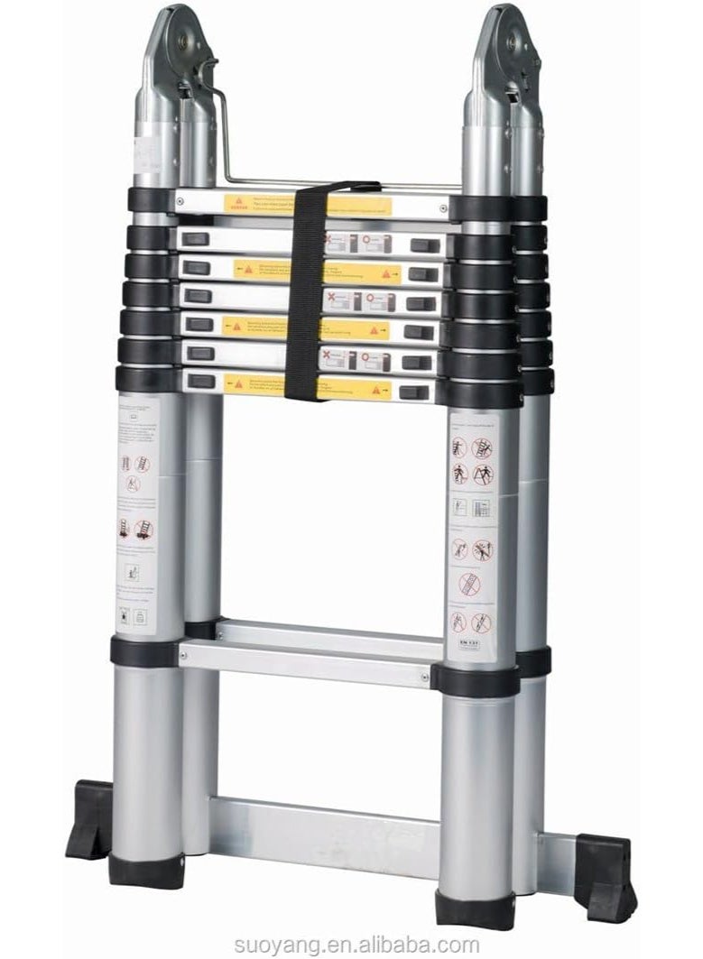 سلم تلسكوبي بطول 3.8 متر (1.9م + 1.9م) من الألمنيوم، سلم متعدد الاستخدامات بشكل A قابل للتمديد مع قضيب توازن وأقدام مانعة للانزلاق للاستخدام الداخلي والخارجي - Image 2