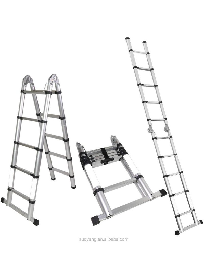 سلم تلسكوبي بطول 3.8 متر (1.9م + 1.9م) من الألمنيوم، سلم متعدد الاستخدامات بشكل A قابل للتمديد مع قضيب توازن وأقدام مانعة للانزلاق للاستخدام الداخلي والخارجي - Image 4