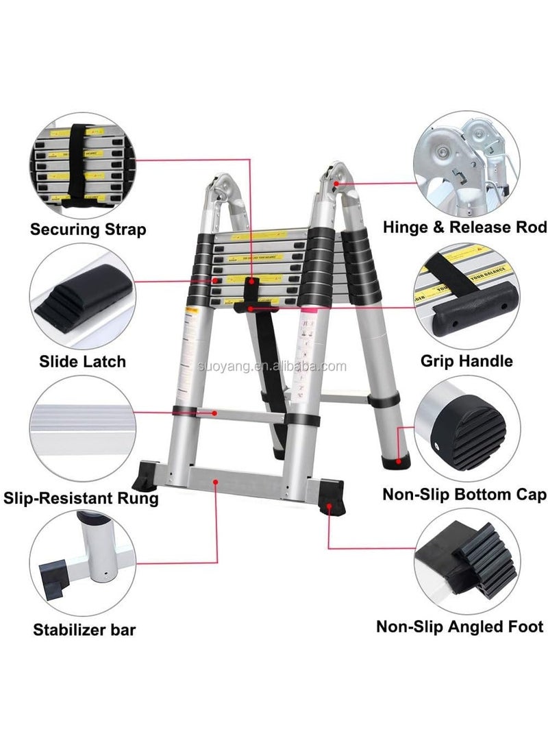 سلم تلسكوبي بطول 3.8 متر (1.9م + 1.9م) من الألمنيوم، سلم متعدد الاستخدامات بشكل A قابل للتمديد مع قضيب توازن وأقدام مانعة للانزلاق للاستخدام الداخلي والخارجي - Image 5