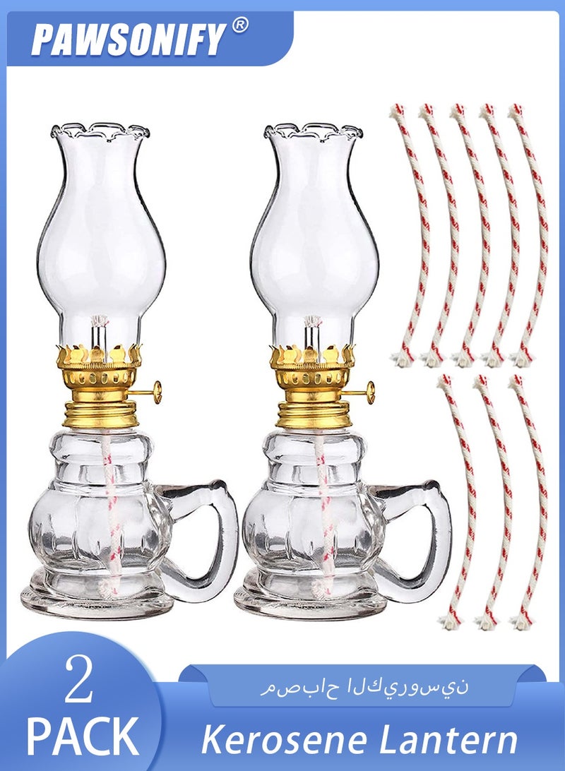 PAWSONIFY 2 Lamps for Indoor Use, Vintage Kerosene Lantern, 5.8'' Glass Kerosene Lamp with Handle, with Fire Control Knob, with 8 Spare Wicks for Indoor Lighting - Image 1