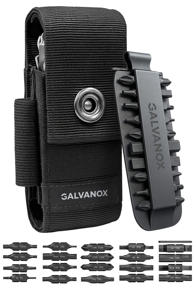 Galvanox Nylon Sheath for Multi-Tools with 21 Flat End Screwdriver Bits and Holder - Case Belt Holster Pouch with Pockets and Bit Set Included, Compatible with Leatherman (4" to 4.5") - Image 1