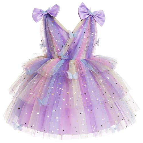 IMEKIS First Birthday Outfit Girl: Butterfly Dress for Toddler 2nd 3rd 4th 5th Birthday Cake Smash Photoshoot Kids Princess Formal Spring Baby Tulle Party Wedding Gowns Rainbow Lilac 4-5T - Image 1