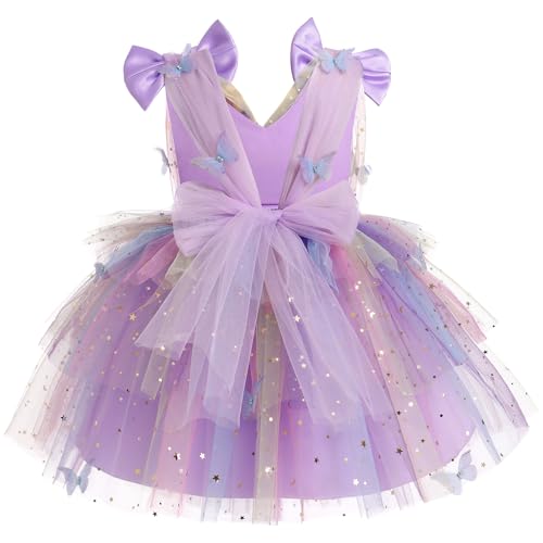 IMEKIS First Birthday Outfit Girl: Butterfly Dress for Toddler 2nd 3rd 4th 5th Birthday Cake Smash Photoshoot Kids Princess Formal Spring Baby Tulle Party Wedding Gowns Rainbow Lilac 4-5T - Image 2