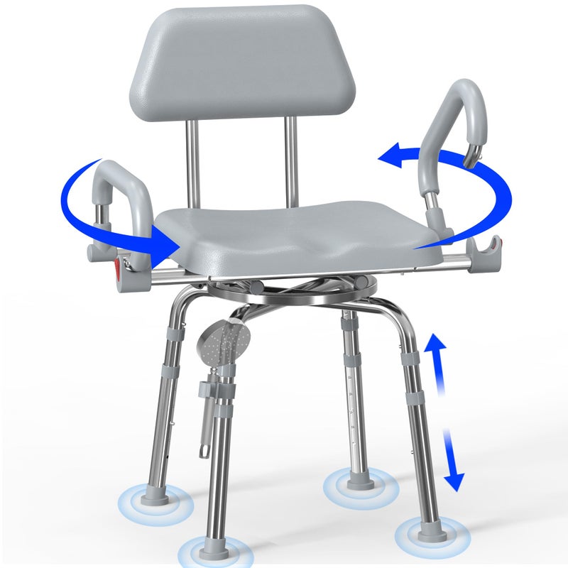 ProTraverse Swivel Shower Chair with Arms and Back,Anti-Slip Design,with Security Belt for Elderly and Disabled,Adjustable Height and Backrest,One-Touch Rotate Shower Chair,Gray - Image 1