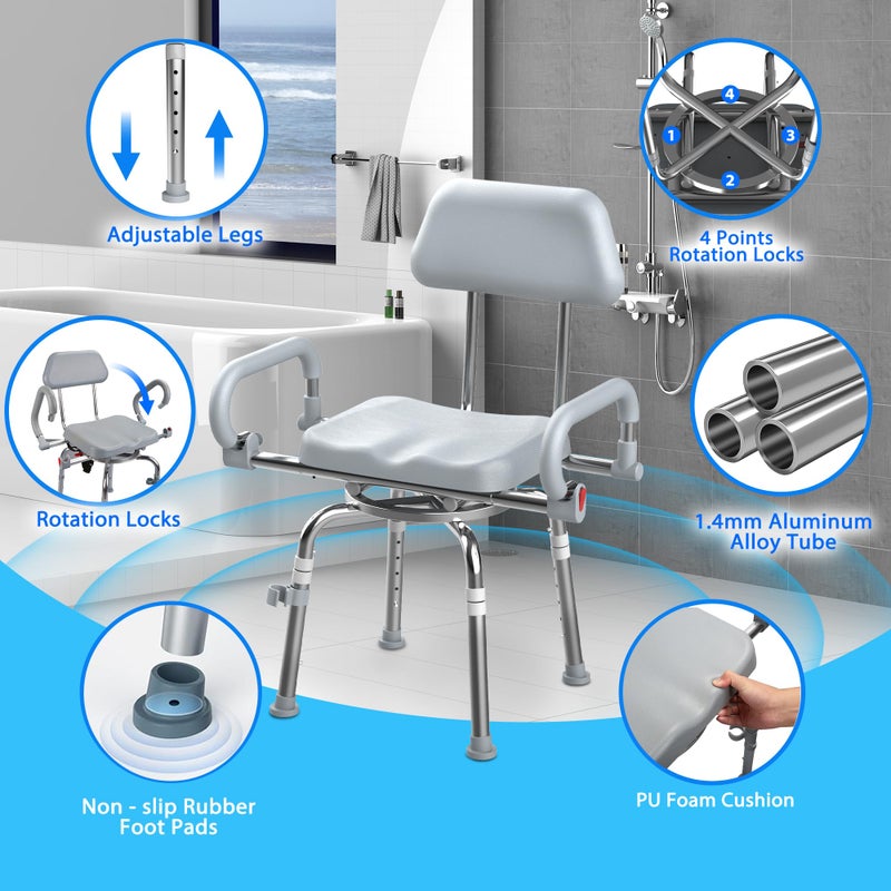 ProTraverse Swivel Shower Chair with Arms and Back,Anti-Slip Design,with Security Belt for Elderly and Disabled,Adjustable Height and Backrest,One-Touch Rotate Shower Chair,Gray - Image 5