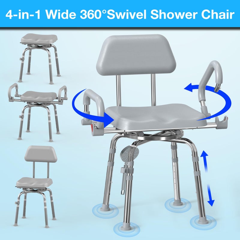 ProTraverse Swivel Shower Chair with Arms and Back,Anti-Slip Design,with Security Belt for Elderly and Disabled,Adjustable Height and Backrest,One-Touch Rotate Shower Chair,Gray - Image 2