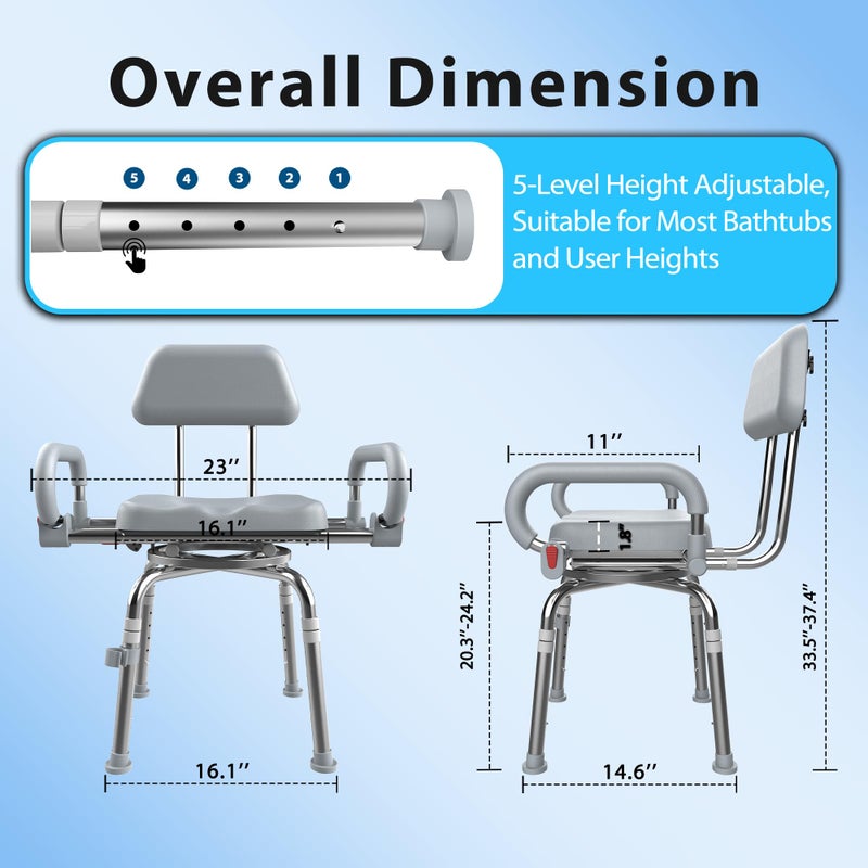 ProTraverse Swivel Shower Chair with Arms and Back,Anti-Slip Design,with Security Belt for Elderly and Disabled,Adjustable Height and Backrest,One-Touch Rotate Shower Chair,Gray - Image 4