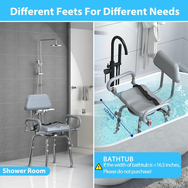 ProTraverse Swivel Shower Chair with Arms and Back,Anti-Slip Design,with Security Belt for Elderly and Disabled,Adjustable Height and Backrest,One-Touch Rotate Shower Chair,Gray - Image 3