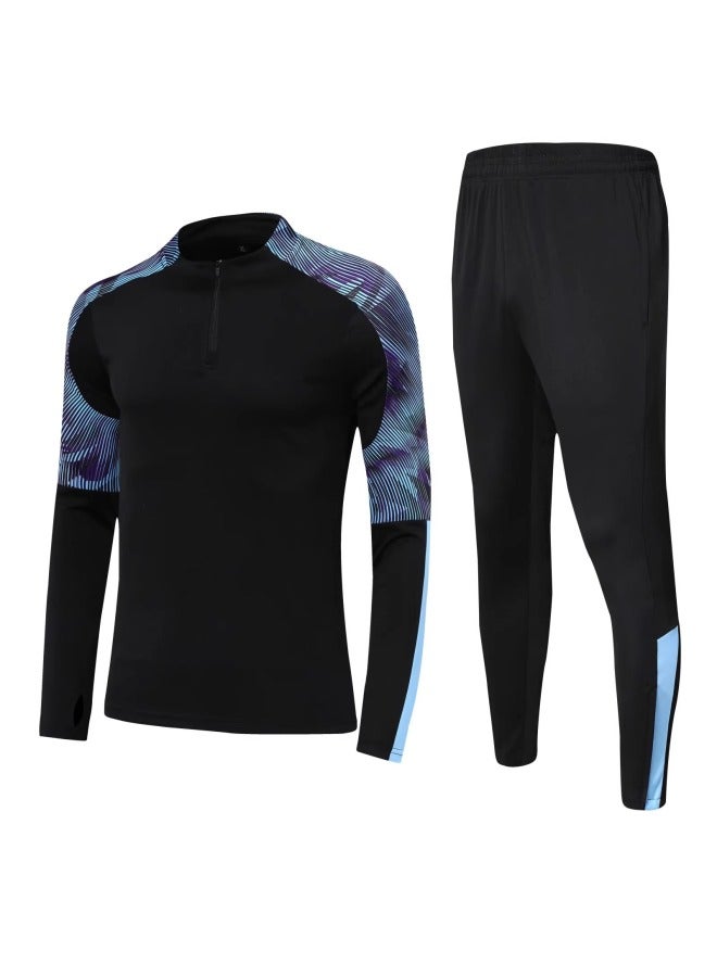 Black and Blue Long Sleeve Half-Zip Soccer Training Suit for Men and Kids