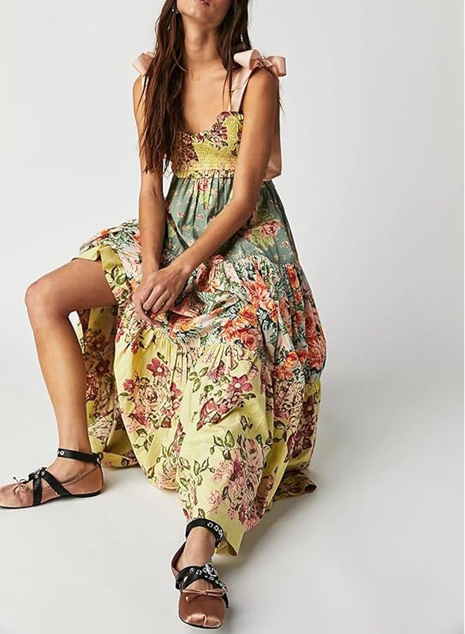 عام النساء فساتين الصيف فلوي فستان ماكسي أكمام التعادل الكتف بوهو فساتين - Image 2