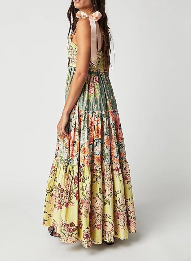 عام النساء فساتين الصيف فلوي فستان ماكسي أكمام التعادل الكتف بوهو فساتين - Image 3