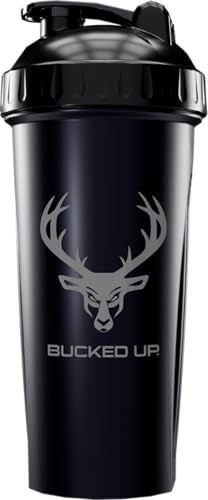 Bucked Up Shaker Bottle for Protein, Pre Workouts and Smoothies, Black Bottle with Gray Buck Logo (28oz) - Image 2
