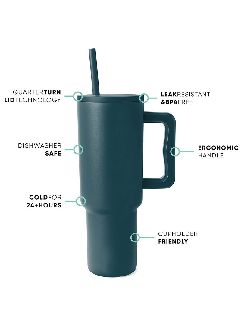 JoyousSto Popular Style Mug with Handle. Stainless Steel Tumbler with Lid and Straw Insulated Travel Mug with Handle Keeps Drinks Cold Fits in Car Cup Holders 40oz Dark green  - Image 2