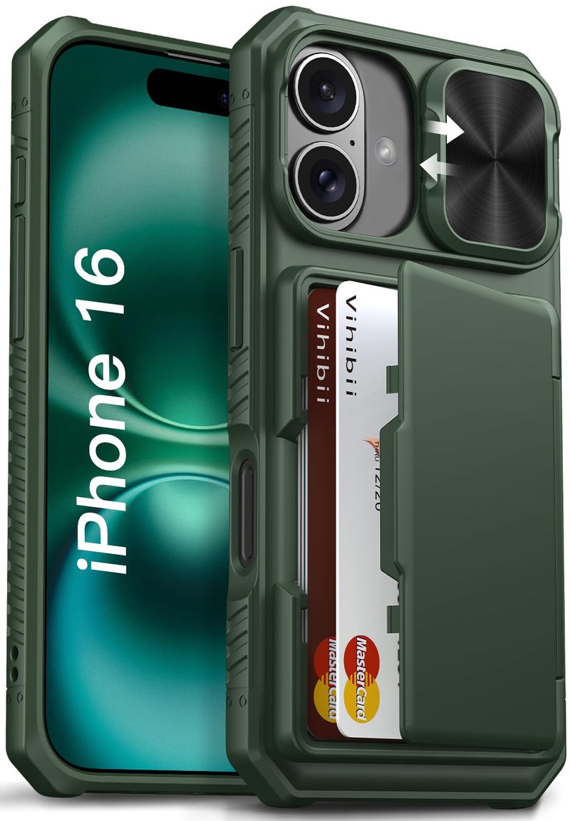 Vihibii for iPhone 16 Case with Card Holder (4 Cards) [RFID Blocking] & Slide Camera Cover, Military Grade Drop Protection, Rugged Hard Back & Silicone Edge Wallet Phone Case, 6.1" 2024, Green - Image 1
