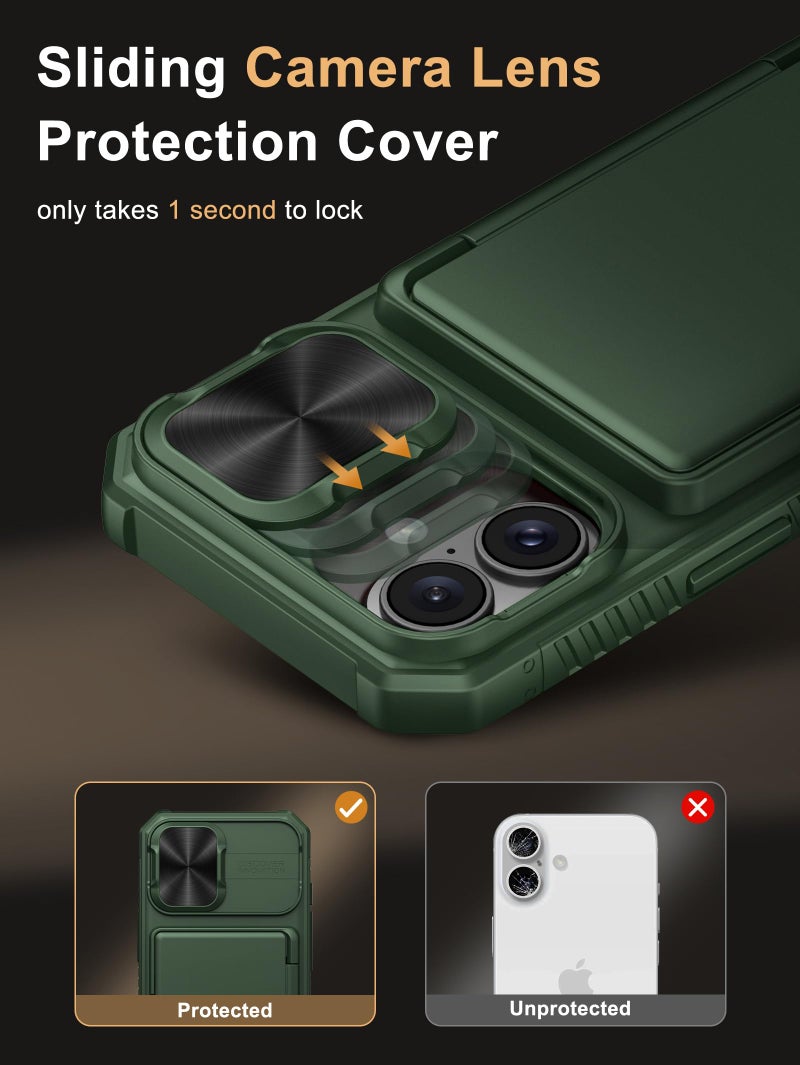Vihibii for iPhone 16 Case with Card Holder (4 Cards) [RFID Blocking] & Slide Camera Cover, Military Grade Drop Protection, Rugged Hard Back & Silicone Edge Wallet Phone Case, 6.1" 2024, Green - Image 4