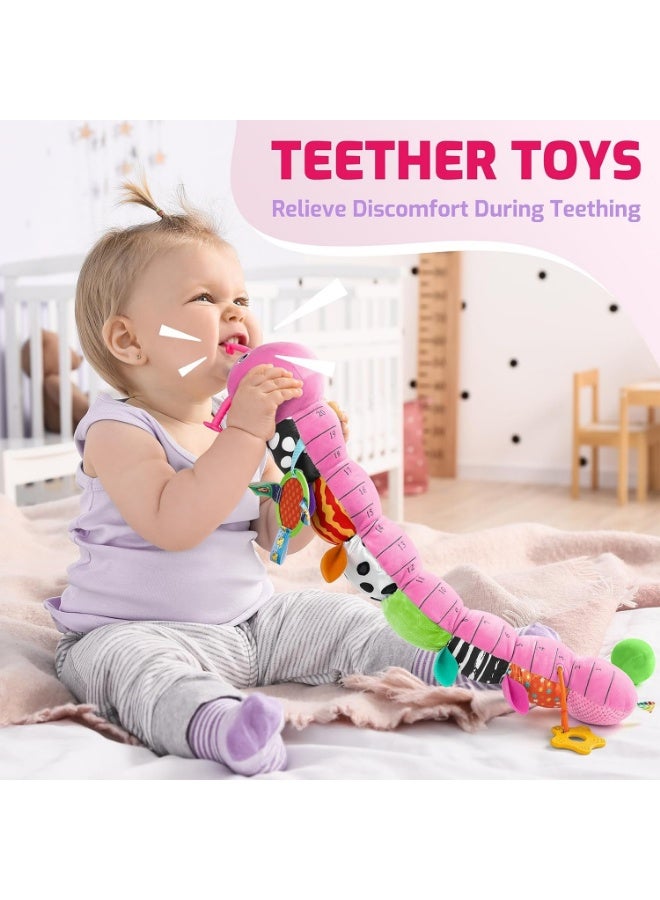 Meetion Baby Toys 0-6 6-12 Months,Music Caterpillar Plush Toy with Baby Mirror, Pull String&Crinkle Rattle,Infant Sensory Toys,Tummy Time for 0-3-6-12 Month Boys Girls Newborn Gifts (Pink-Leaf) - Image 4