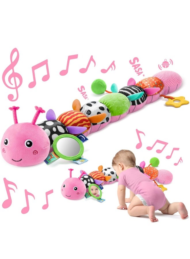 Meetion Baby Toys 0-6 6-12 Months,Music Caterpillar Plush Toy with Baby Mirror, Pull String&Crinkle Rattle,Infant Sensory Toys,Tummy Time for 0-3-6-12 Month Boys Girls Newborn Gifts (Pink-Leaf) - Image 1