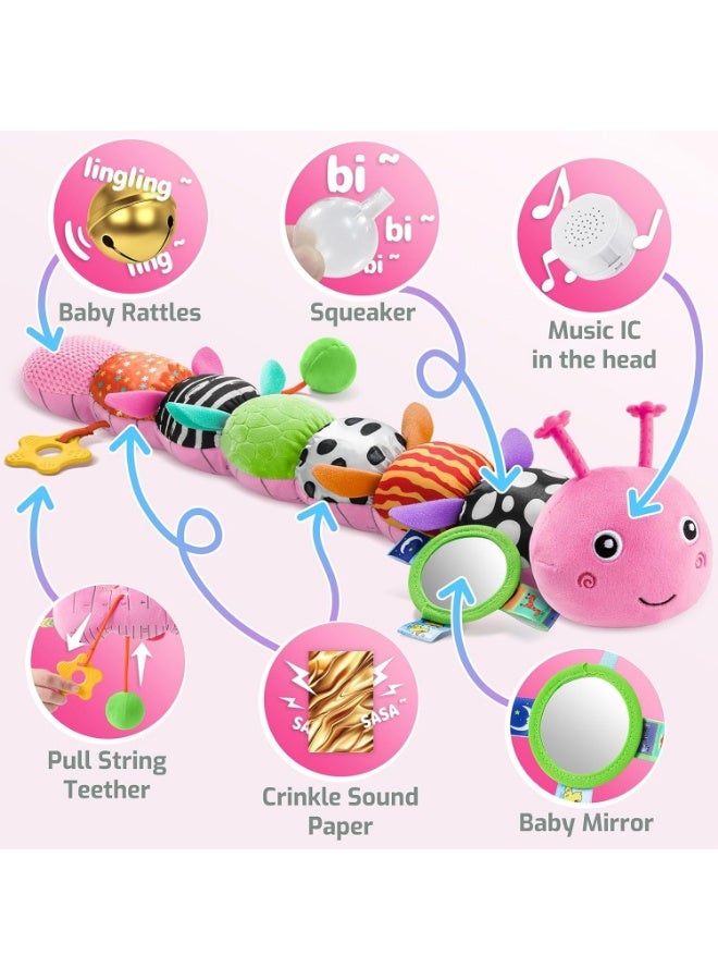 Meetion Baby Toys 0-6 6-12 Months,Music Caterpillar Plush Toy with Baby Mirror, Pull String&Crinkle Rattle,Infant Sensory Toys,Tummy Time for 0-3-6-12 Month Boys Girls Newborn Gifts (Pink-Leaf) - Image 3