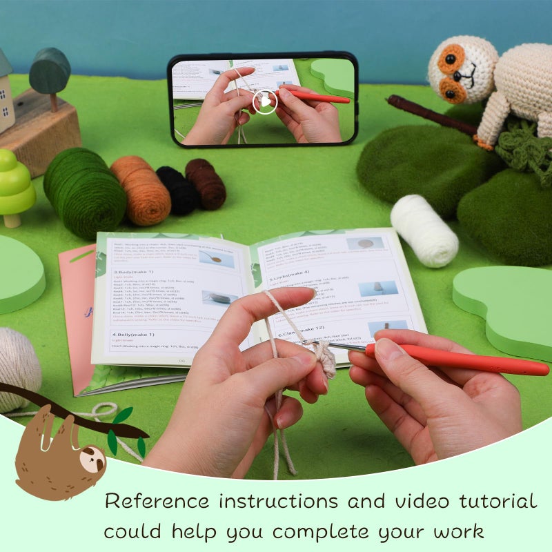 WONVOC Crochet Starter Kit, Beginner Crochet Kit for Adults, Step-by-Step Instructions and Video Tutorial, with Crochet Hook, Yarn, Polyester Fiber, Stitch Markers, Floral Wire, Plastic Eyes,Sloth - Image 3