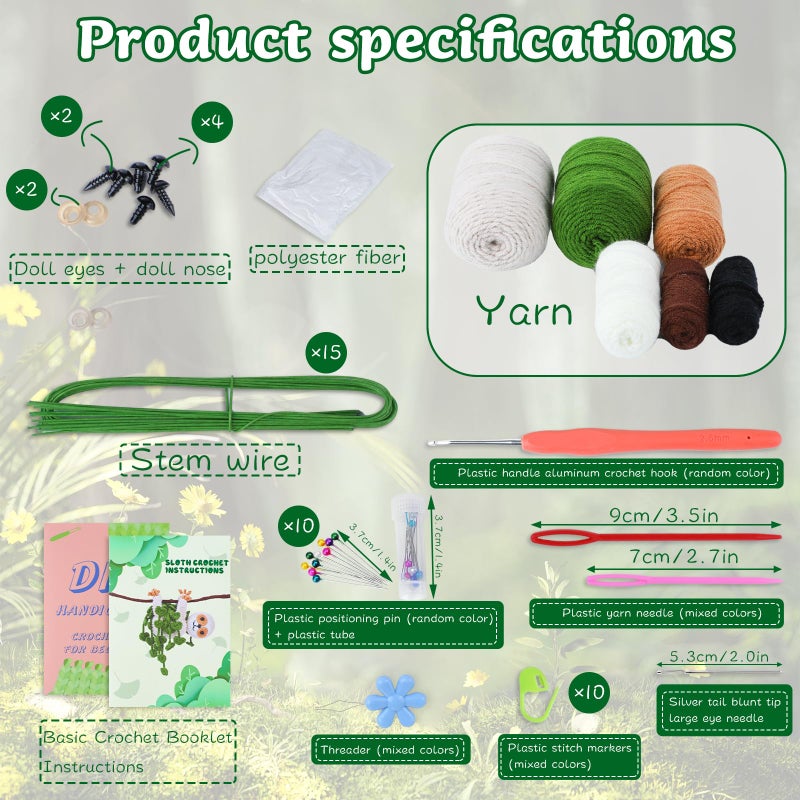 WONVOC Crochet Starter Kit, Beginner Crochet Kit for Adults, Step-by-Step Instructions and Video Tutorial, with Crochet Hook, Yarn, Polyester Fiber, Stitch Markers, Floral Wire, Plastic Eyes,Sloth - Image 2