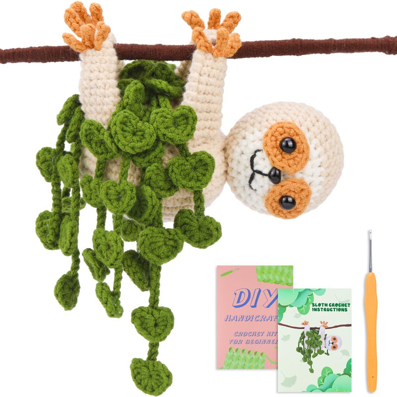 WONVOC Crochet Starter Kit, Beginner Crochet Kit for Adults, Step-by-Step Instructions and Video Tutorial, with Crochet Hook, Yarn, Polyester Fiber, Stitch Markers, Floral Wire, Plastic Eyes,Sloth - Image 1