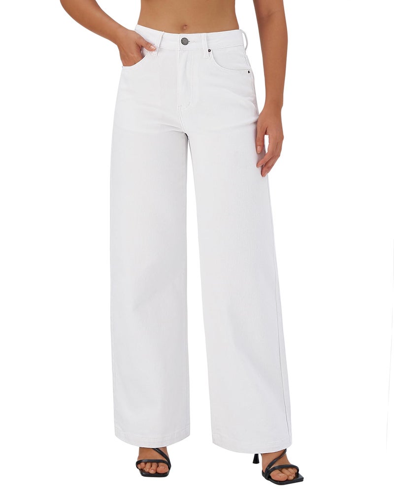 roswear Women's Wide Leg Jeans High Waisted Stretchy Denim Trouser Pants White Small - Image 1