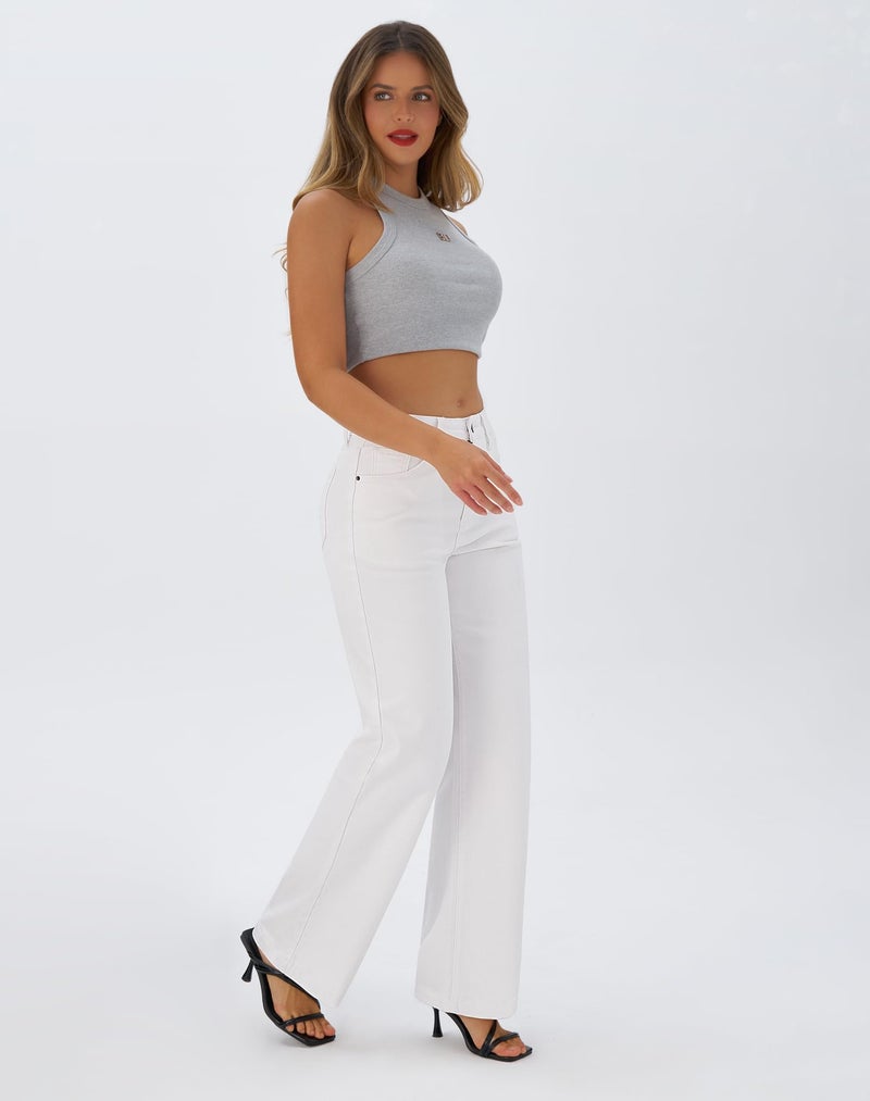 roswear Women's Wide Leg Jeans High Waisted Stretchy Denim Trouser Pants White Small - Image 3