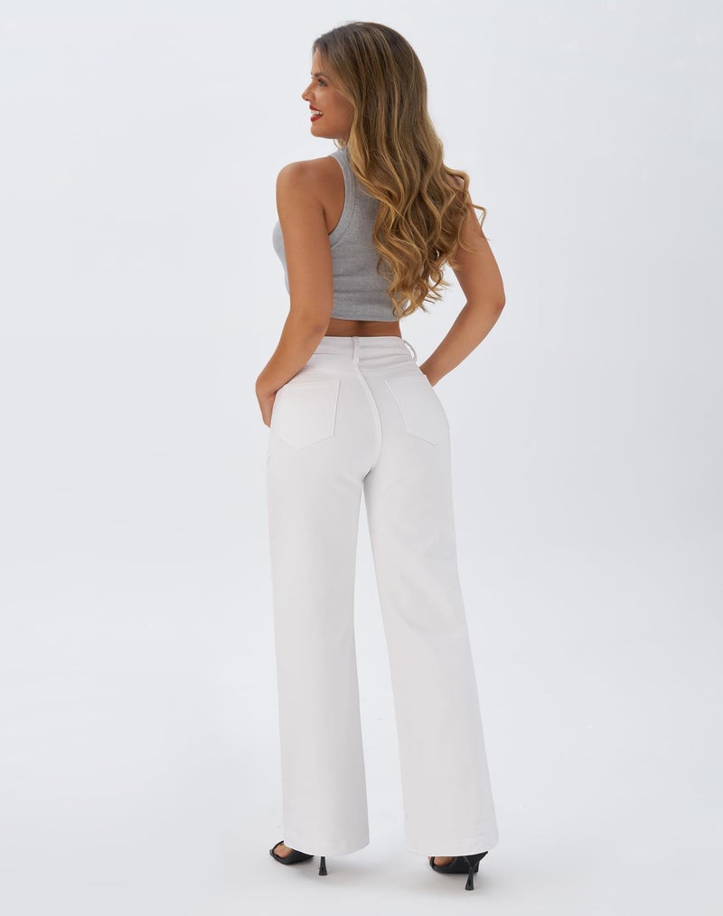 roswear Women's Wide Leg Jeans High Waisted Stretchy Denim Trouser Pants White Small - Image 2