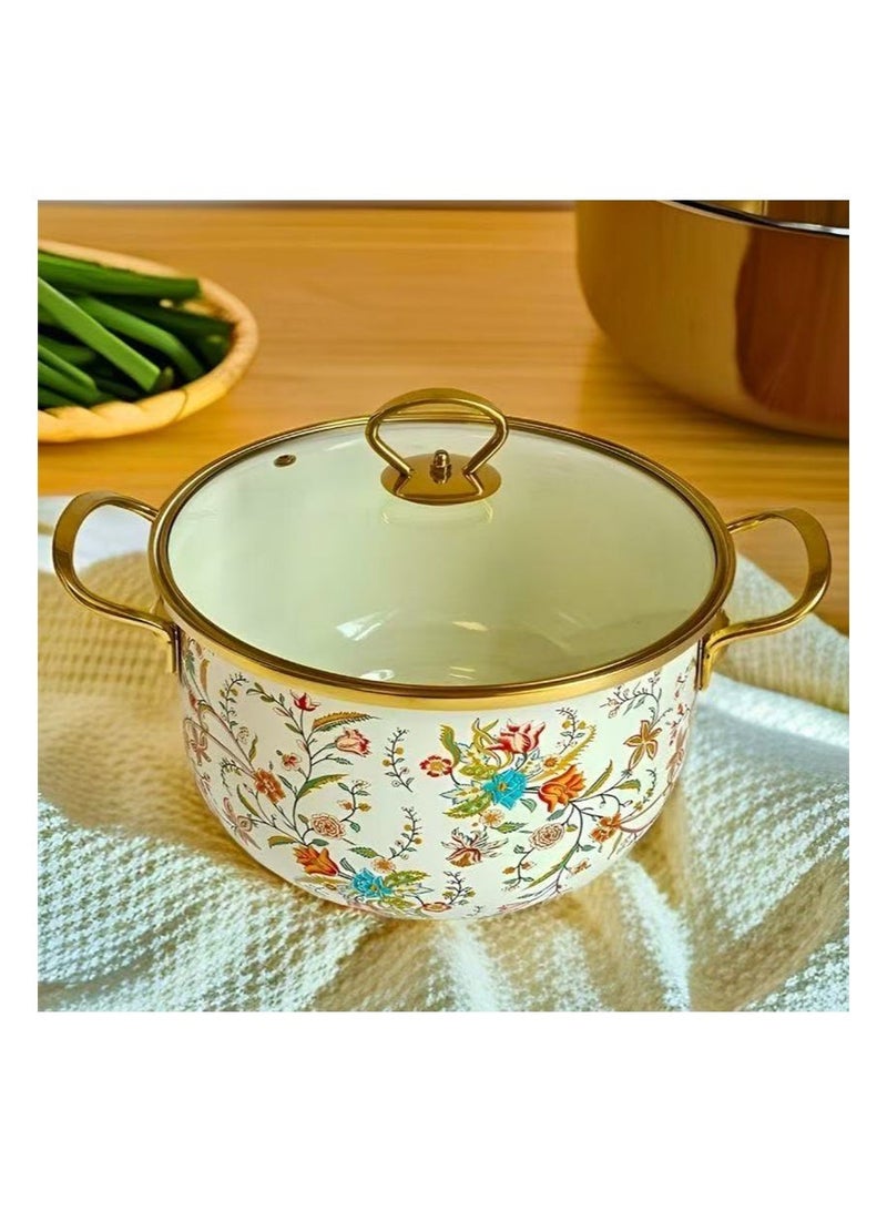 Aikanbo 5.5L Enamel Cooking Pot with Lid，Vintage Soup Pot，Floral Stew Bean Simmer Pot with Handle for Kitchen，Safe for Induction Cookers，Gas Stove（Flowers） - Image 3
