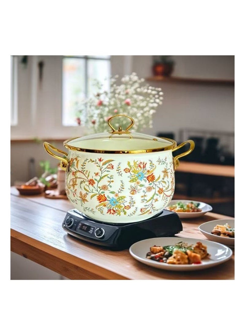 Aikanbo 5.5L Enamel Cooking Pot with Lid，Vintage Soup Pot，Floral Stew Bean Simmer Pot with Handle for Kitchen，Safe for Induction Cookers，Gas Stove（Flowers） - Image 4