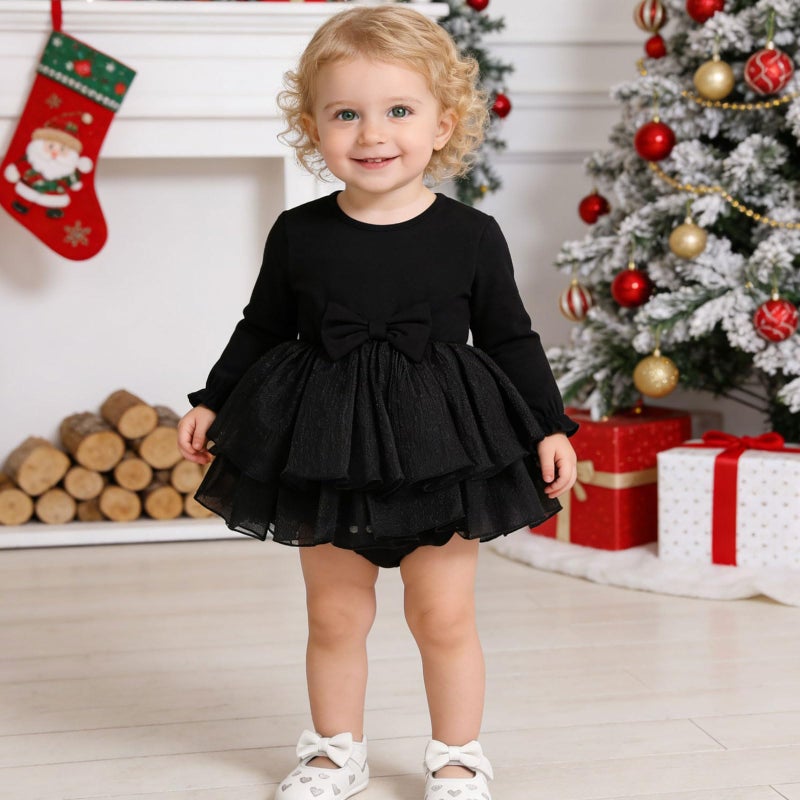 TENTIDE Baby Girl My Little Black Dress Romper Cotton Ruffle Long Sleeve Tutu Dress Birthday Party Fall Winter Clothes 0-24M(Black, 0-3 Months) - Image 2