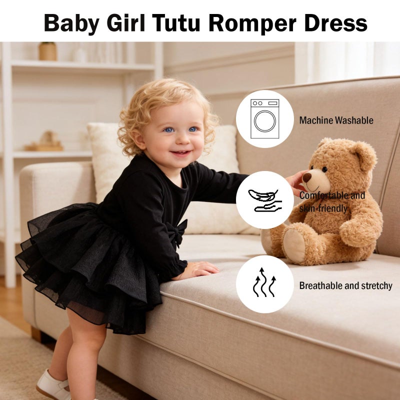 TENTIDE Baby Girl My Little Black Dress Romper Cotton Ruffle Long Sleeve Tutu Dress Birthday Party Fall Winter Clothes 0-24M(Black, 0-3 Months) - Image 3