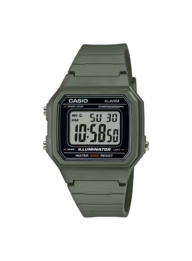 كاسيو ساعة كاسيو الرياضية الرقمية W-217H-3AVDF - حزام من الراتنج باللون الأخضر الزيتوني، مقاومة للماء حتى عمق 50 مترًا، إضاءة خلفية LED، ساعة توقيت، منبه يومي، حركة كوارتز متينة، تصميم كلاسيكي خفيف الوزن للرجال وللاستخدام في الهواء الطلق